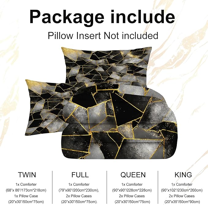 Abstract Geometric Marble Bedding Set Full Size for Boys Kids Adults, Modern Black Grey Gold Marbled Comforter Set Gold Lines Marbling Bed Set for Bedroom Decor with 1 Comforter + 2 Pillowcases