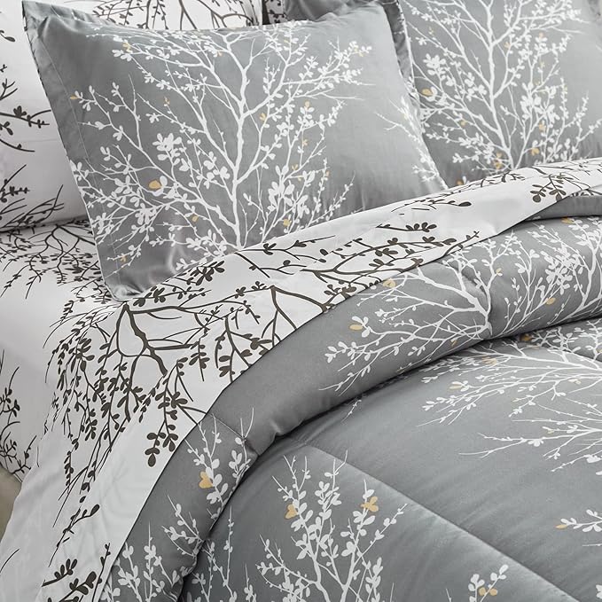UOZZI BEDDING Bed in a Bag 6 Pieces Twin Size Gray Branches Soft Microfiber Reversible Bed Comforter Set (1 Comforter 2 Pillow Shams 1 Flat Sheet 1 Fitted Sheet 1 Pillowcases)