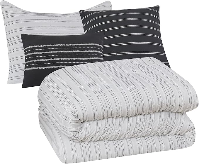 Modern Threads Dixie White Jacquard Comforter Set – 5 Piece Textured Bedding with Decorative Pillows & Shams, Soft All Season Farmhouse Bed Set, Bright White with Graphite Stripes, Queen