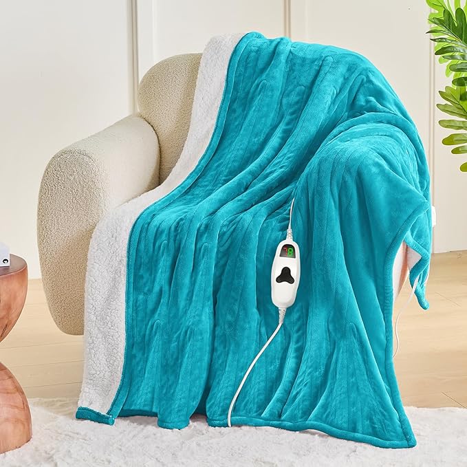 greenoak Heated Blanket Electric Twin 62"X84", Heating Blanket with 10 Heat Levels 1/2/4/6/8 Hours Auto-Off, Soft Flannel Sherpa Warm Heater Soft Blanket,Aqua Green
