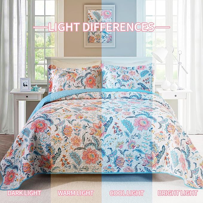 BEDIFANY Garden Cotton Filling King Size Quilt Set - Lightweight Bedspreads King Size (98 x 106 inch) with Colorful Floral Pattern - Farmhouse King Quilt Bedding Sets for Bed Coverlet, 3 Pieces