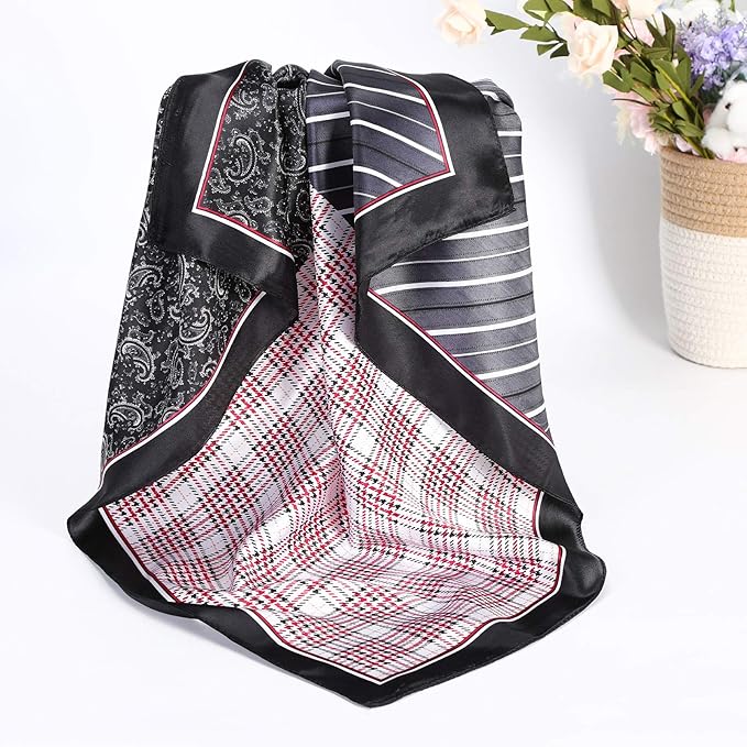 AWAYTR 35” Satin Large Square Head Scarves - 4PCS Silk Like Neck Scarf Hair Sleeping Wraps Satin Silk Scarfs for Women