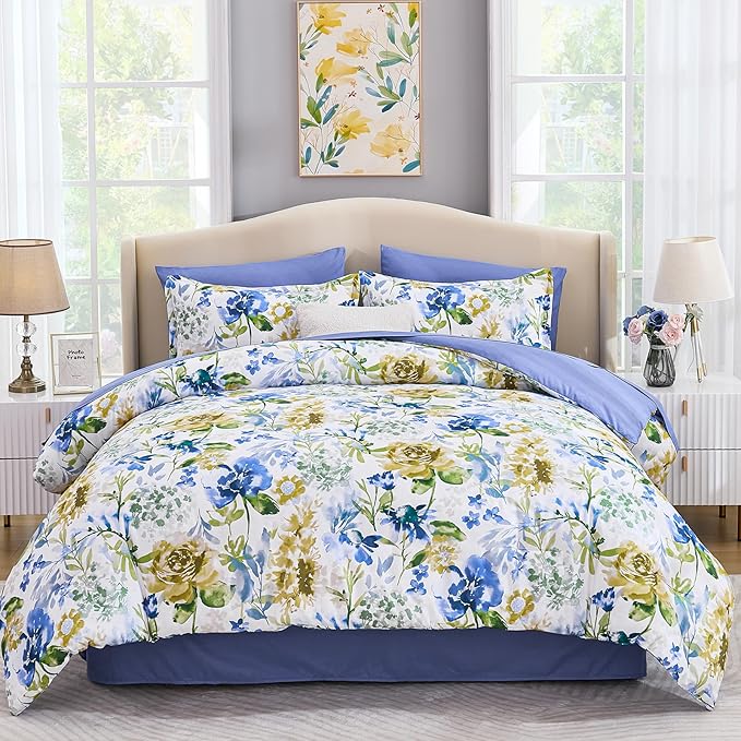 Luxudecor Floral Comforter Set Queen Size 7 Pieces Bed in a Bag, Blue Flower Watercolor Bed Set, Soft Comforter with Sheet Set 90"x90"