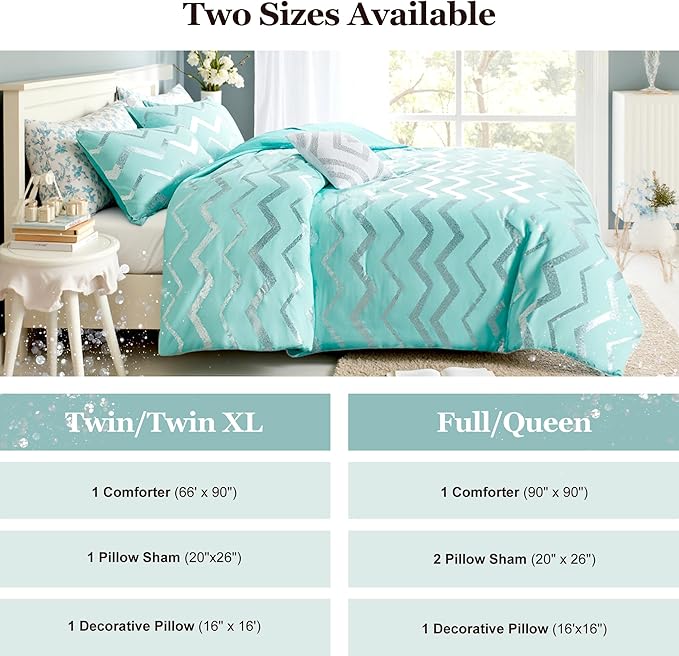 Codi Teen Girls Bedding Sets Twin Size, Teal Blue Bed Comforter Set for College Dorm Girl, 3 Pieces - All Seasons Warm