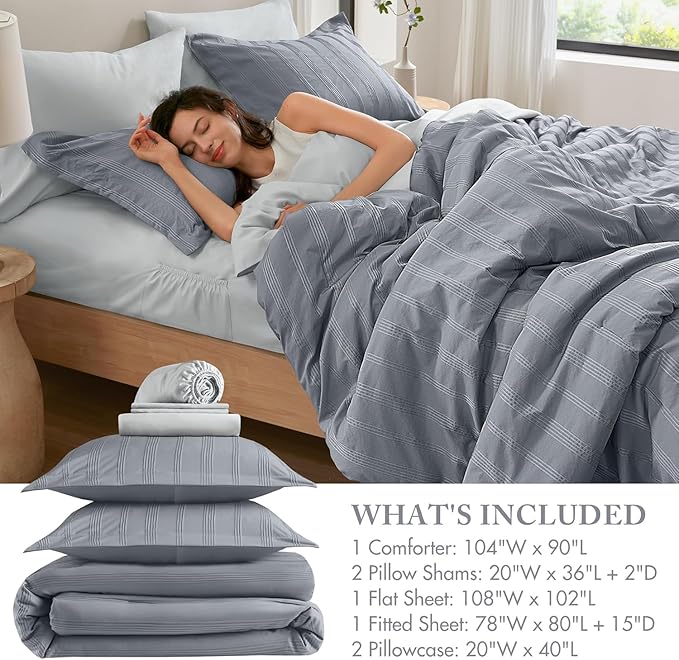Madison Park Essentials Striped Comforter Set King, 7 Pieces Modern Minimalist Jacquard Bedding Set for All Season, Bed in A Bag with Sheet Set and Soft Brushed Reverse, Lightweight Blue/Grey