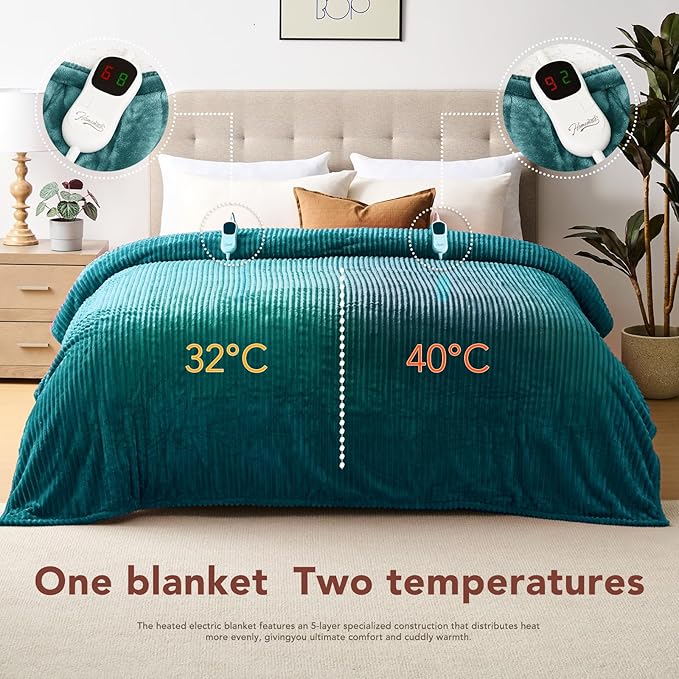 Homemate Electric Heated Blanket Queen Size - 84"x90" Heating Blanket Queen Size Dual Control 1/2/4/6/8 Hours Auto-Off 10 Heat Level Over-Heat Protection Soft Flannel Sherpa ETL Certification