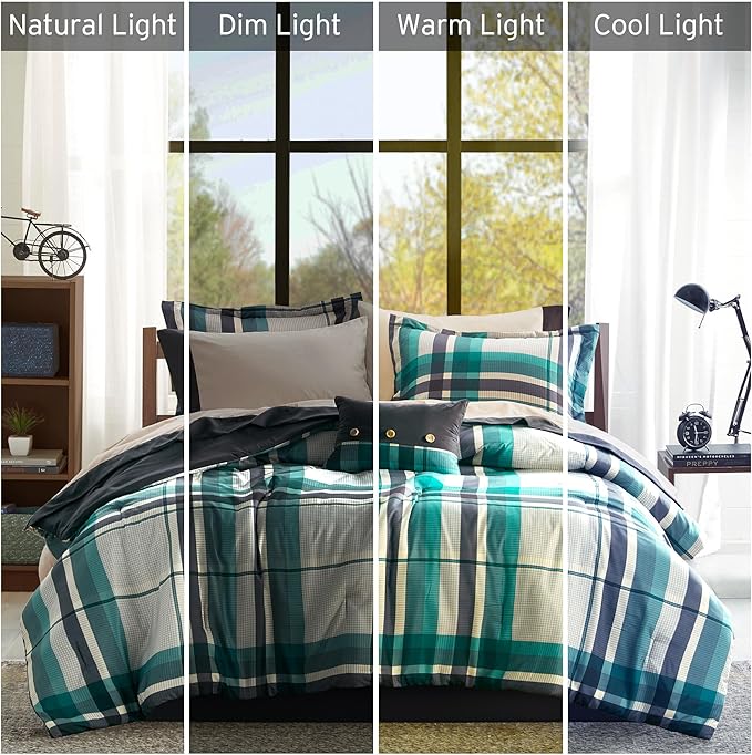 Intelligent Design Robbie 9-Piece Twin Comforter Set – Lightweight All-Season Plaid Bedding, Teal/Black, Cozy Bed-in-a-Bag with Matching Shams & Decorative Pillow, Modern Casual Style