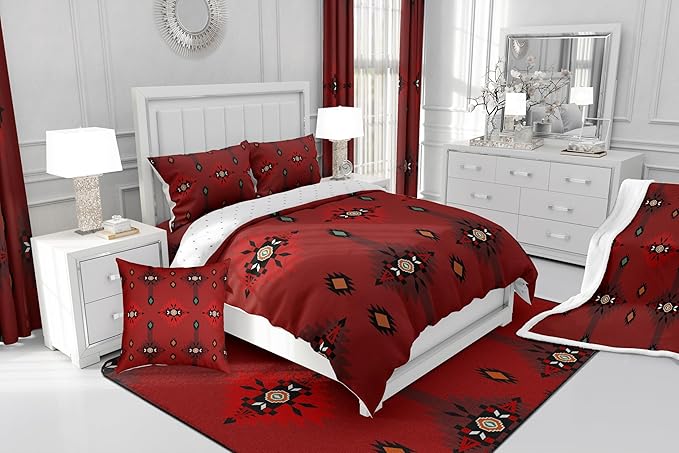Feelyou Red Southwest Native Comforter Set Western Tribal Bedding Set King Size for Kids Boys Girls Teens Room Decor Geometric Boho Comforter Soft Microfiber