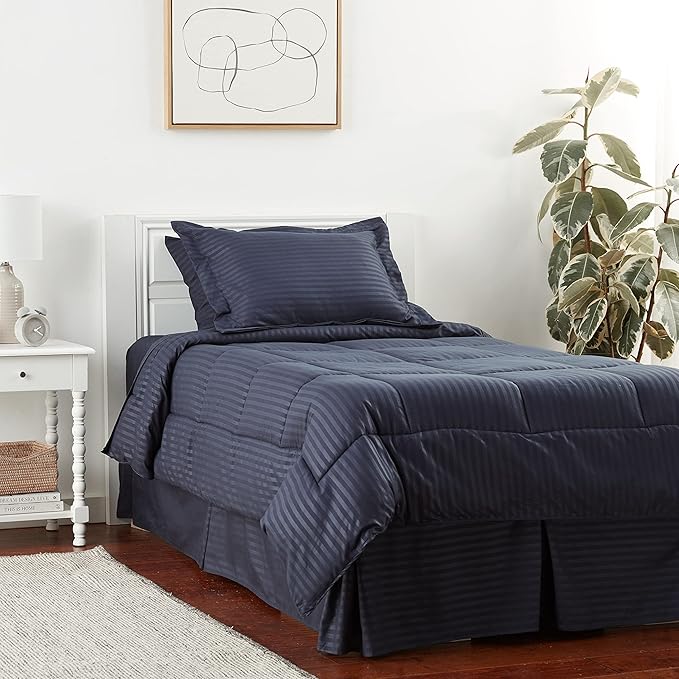 Sweet Home Collection 6 Piece Bed in a Bag with Dobby Stripe Comforter, Sheet Skirt, and Sham Set, Twin, Navy, 6, Case Pack (Pack of 4, 24 Count Total)