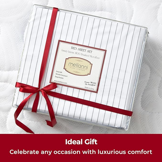 Mellanni California King Sheets Set - 4 PC Iconic Collection Bedding - Hotel Luxury, Extra Soft, Cooling Bed Sheets - Wrinkle, Fade, Stain Resistant (Cal King, Pinstripe Gray)