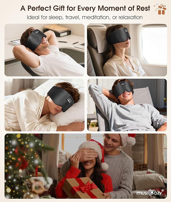 MUSICOZY 3D Silk Bluetooth Sleep Mask Headphones, Mulberry Silk Eye Mask with Ultra-Thin Wireless Speakers, Bluetooth 5.4 Sleeping Headphones for Side Sleepers, Music Sleep Mask Gifts for Men Women