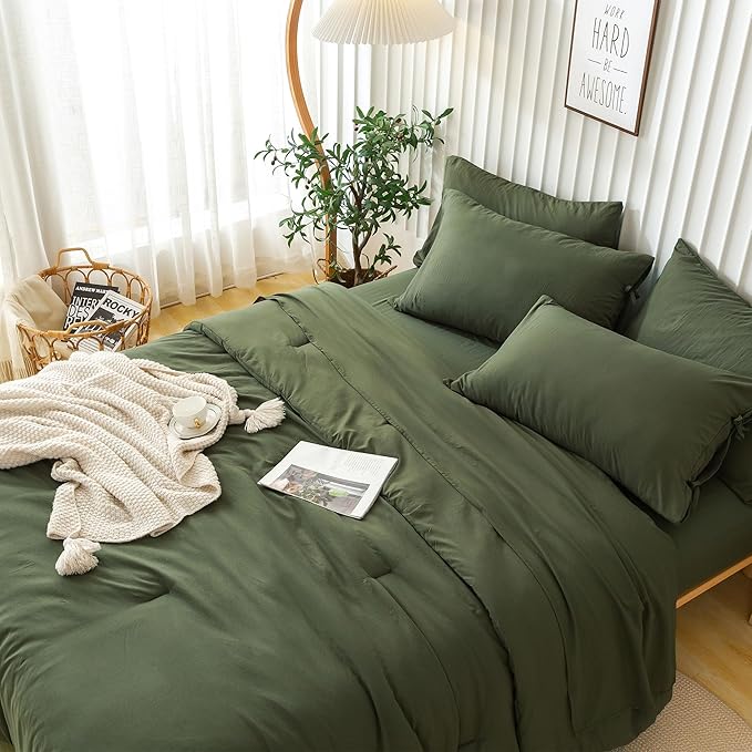 COTTEBED Ultra-Soft Twin Comforter Set with Sheets - 5 Pieces Bed in a Bag Twin Down Comforter & Bedding Sheet Sets, Lightweight Boho Washed Polycotton for Kids Boy Girls All Season, Dark Olive Green