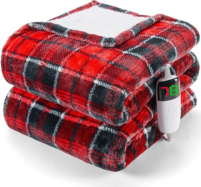 OCTROT Red Christmas Heated Blanket Electric Throw 50X60, Heating Throw Gift with 10 Heating Levels & 8 Hours Auto Off, Plaid Checkered Sherpa Blanket Warmer for Adults, Couch Bed Office Use