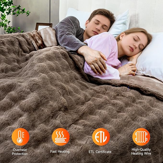 Heated Blanket Electric Throw- 50"x60" Soft Thick Bubble Electric Blanket for Sofa with 5 Heat Levels & 4 Hours Auto-Off Overheat Protection, Warm Cozy Gifts, Beige