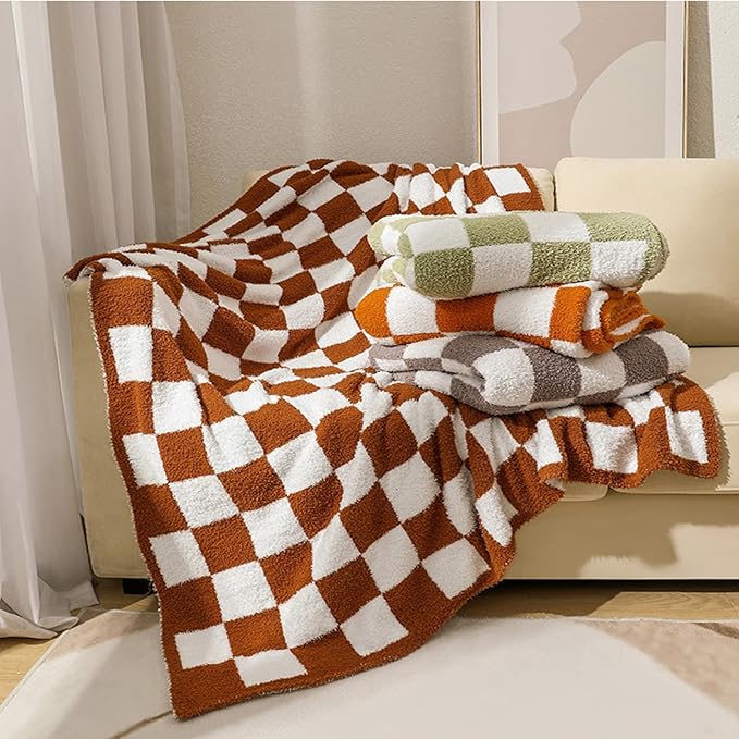 MorroMorn Checkered Throw Blanket for Couch, 2-Layers Soft Cozy Fleece Plaid Blankets Checkerboard Grid - Fluffy Fuzzy Warm for Sofa Chair Bed Christmas Fall Decor Gifts (Caramel, Throw 50"x60")