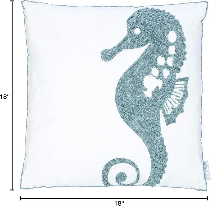 Levtex Home - Blue Maui - Decorative Pillow (18 x 18in.) - Embroidered Seahorse - Teal and White
