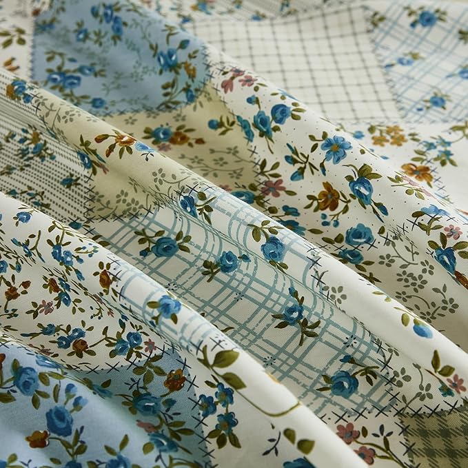 Vintage Floral Comforter Set King 100% Cotton Blue Patchwork Bedding Comforter Sets All Season 3 Pieces Shabby Chic Breathable Soft Comforter(Blue Patchwork, King)