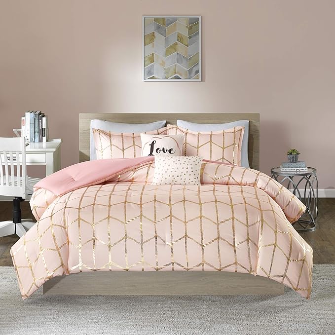 Intelligent Design Raina Comforter Microfiber Metallic Print Geometric Design Embroidered Toss Pillow Modern Trendy Casual All Season Bedding Set Matching Sham, Full/Queen, Blush/Gold 5 Piece
