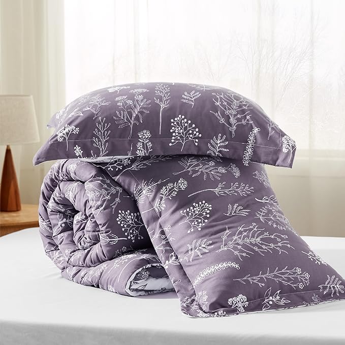 Bedsure King Comforter Set - Grayish Purple Bed Set, 3 Pieces Cute Floral Bedding, 1 Soft Reversible Botanical Flowers Comforter and 2 Pillow Shams