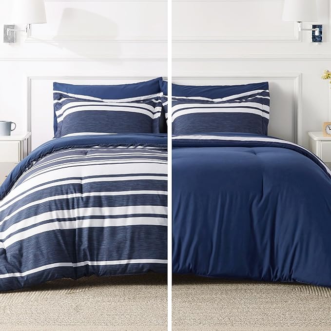 Bedsure Full Comforter Set 7 Pieces, Blue Striped Bedding Set for All Seasons, Reversible, Cationic Dyeing Bed in a Bag with Comforter, Sheets, Pillowcases & Shams
