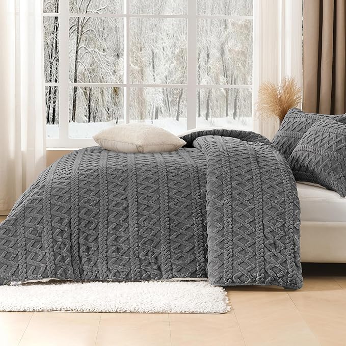 Andency Fluffy Sherpa Full Comforter Set Grey, Super Soft Gray Fleece Warm Bedding for Winter, Luxury Jacquard Boho Thick Fuzzy Plush Bed Set 3 Pieces(1 Shaggy Comforter, 2 Pillowcases)