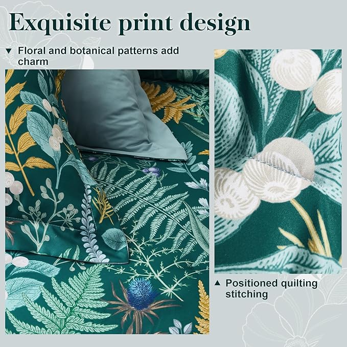King Comforter Set - 3 Pieces Botanical Bedding Comforter Set, 1 Soft Dark Green Plant Flowers Comforter (104"x90") and 2 Pillow Shams(20"x36") Ultra-Soft Comfort Suitable for All Seasons