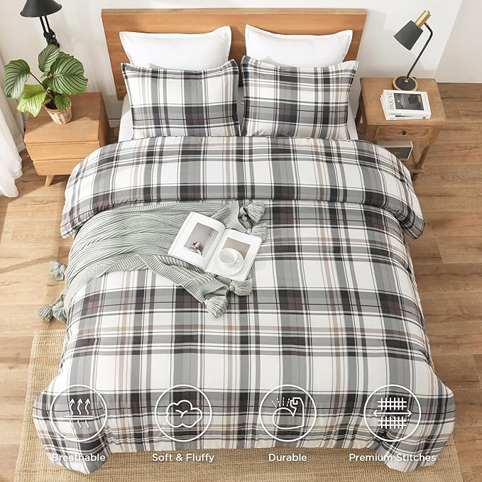 Andency Gray Brown Black Plaid Comforter Set Queen(90x90Inch), 3 Pieces Grid Gingham Stripes Bedding Comforter Sets for Boys Girls Kids Teens, Preppy Geometric Line Soft Lightweight Reversible Bed Set