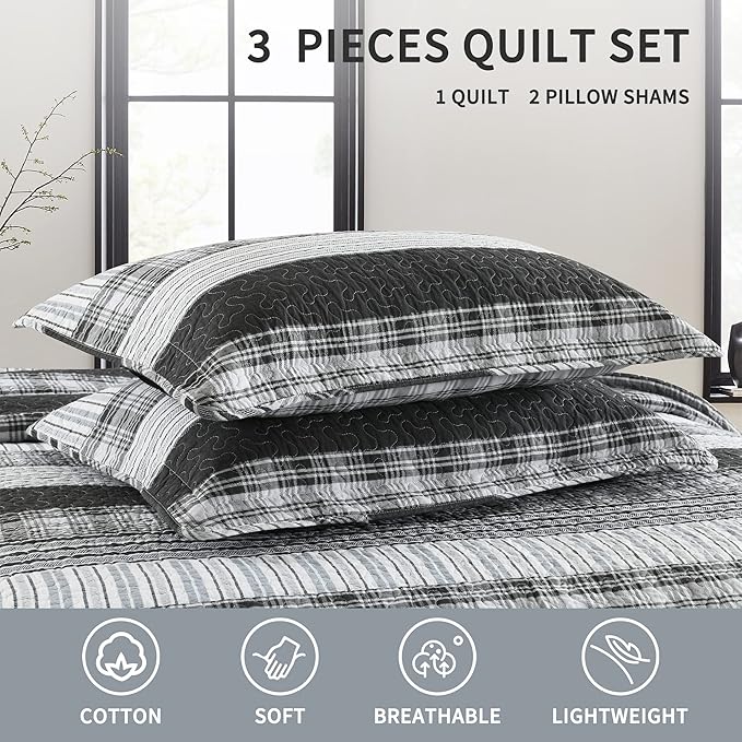 Homzard King Size Comforter - 100% Cotton, Black White Striped King Quilt Bedding Set,Black Grey Plaid Striped Bedding King,Farmhouse Lightweight Comforter for Bed,All Season