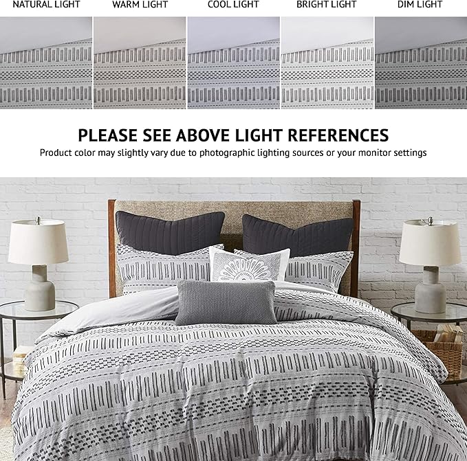 INK+IVY Luxurious Cotton-Bedding Set - Mid Century Trendy Geometric Design, All Season Cozy-Cover With Matching-Shams, King/Cal King, Rhea Jacquard Grey/Black