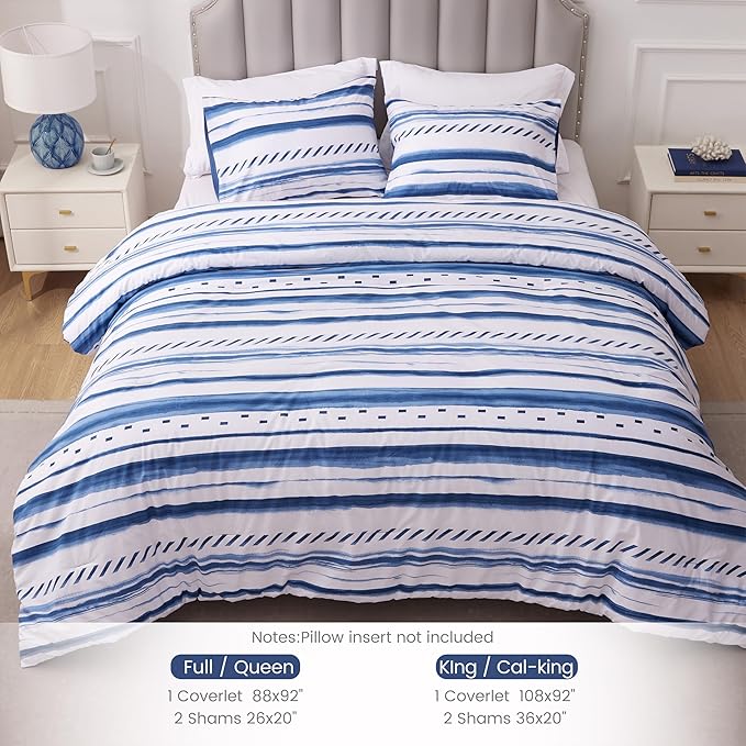 Sophia & William White and Blue Striped Comforter Set for All Season, 3 Pcs Cotton Bedding Comforter Set with Geometric Printed Comforter & 2 Pillowcases, Queen Size Lightweight Bedding Set