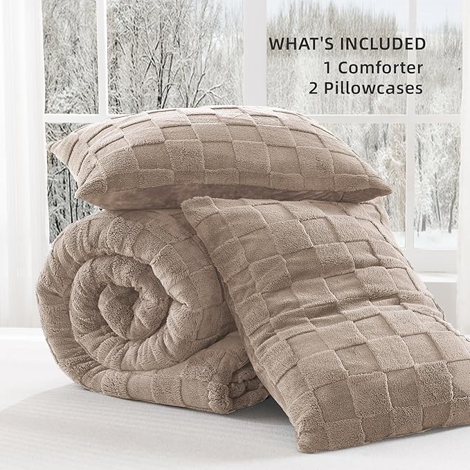 Litanika Khaki King Size Comforter Sets 3 Pieces Fleece Plaid Comforter, Soft Fuzzy Fluffy Bedding Set with Comforter and Pillowcases