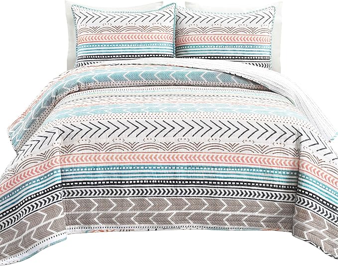 Lush Decor Hygge Geo Pattern Striped 3 Piece Quilt Bedding Set, King, Neutral & Multicolored