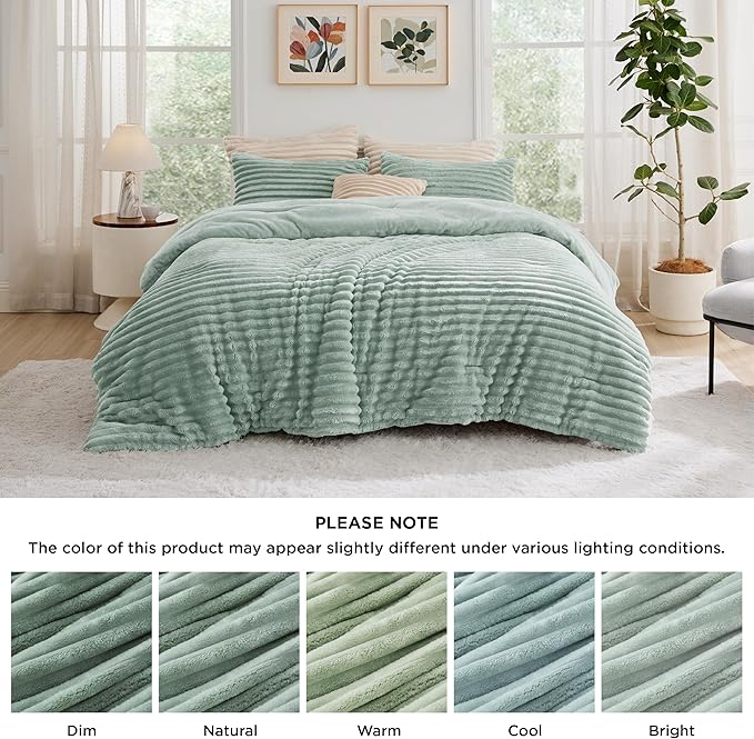 Bedsure King Size Comforter Set - GentleSoft™ 3 Pieces Fluffy Double-Side Fleece Comforter Set, Cozy Striped Room Decor Aesthetic, Luxury Sage Green King Bedding with 2 Pillowcases, 104x90 Inches