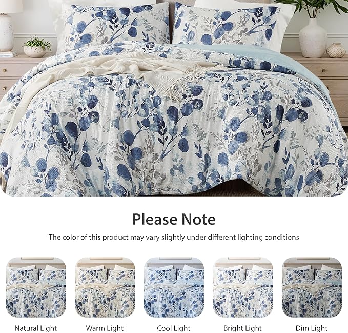 Lightweight Seersucker Botanical Queen Size Comforter Set, 3 Pieces Reversible Design Bed Comforter, Premium Microfiber Bedding Set, Comforter and Shams Set, Blue
