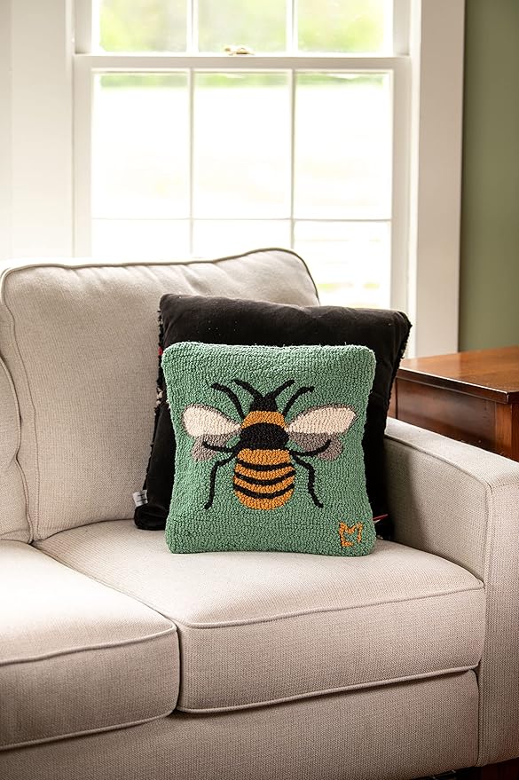 Chandler 4 Corners Artist-Designed Honey Bee Hand-Hooked Wool Decorative Throw Pillow (14 in x 14 in) Farm & Garden Pillow for Couches & Beds - Low Maintenance Nature Bumble Bee, Honey Bee Home Décor