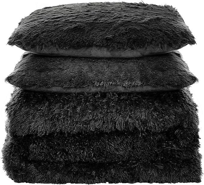 Plush Shaggy Comforter Set Ultra Soft Luxurious Faux Fur Decorative Fluffy Crystal Velvet Bedding with 2 Shams, King, Black
