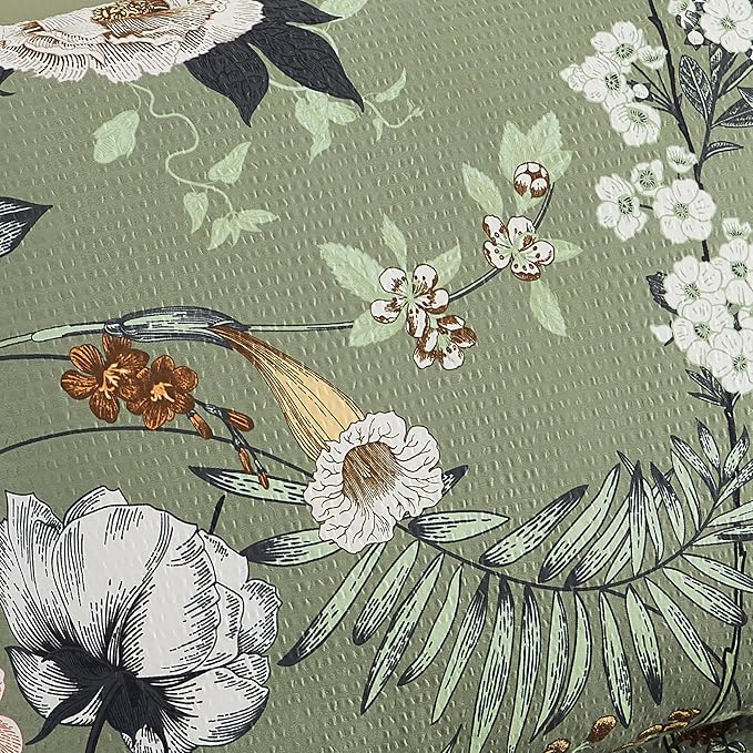 CASAAGUSTO Queen Comforter Set, 7 PCS Green Butterfly Floral Comforter Set with Flowers Leaves Pattern, Soft Seersucker Design All Season Queen Size Bedding Set(90"X90")