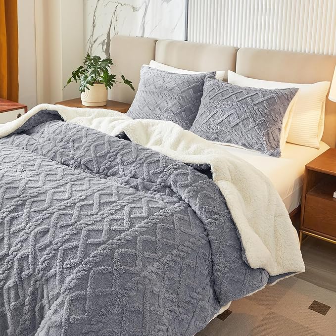 Joyreap 3-Piece Fluffy Faux Fur Sherpa Comforter Set Light Gray, King Size Luxury Tufted Bedding Comforter Set, All Season Soft n Cozy Plush Comforter Bed Set- 100x88 inches