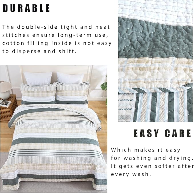 Homzard Quilt King Size - Cotton King Size Comforter,Beige Grey Plaid Bedding Set,Striped Bedspread Set(106 * 98 Inches),3 Piece