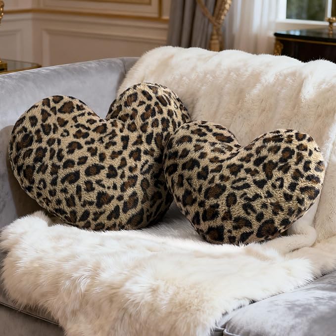 AELS Cheetah Heart Shaped Pillow Set of 2, 20 & 16 Inches Decorative Leopard Print Love Pillows, Soft Fluffy Plush, Valentine's Day, Wedding, Living Room, Bedroom & Nursery Decor, Brown
