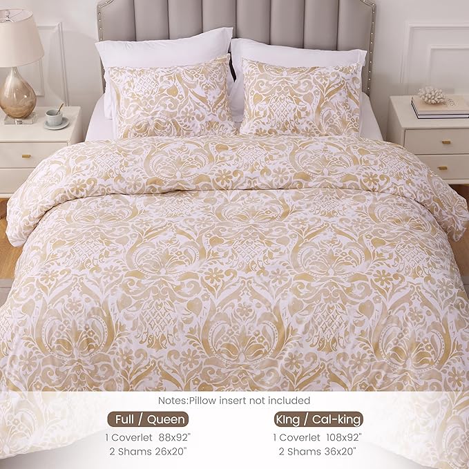 Sophia & William Bronze Damask King Size Comforter Set, 3 Pcs Cotton Comforter Set with Printed Comforter & 2 Pillowcases, All Season Lightweight Bedding Set