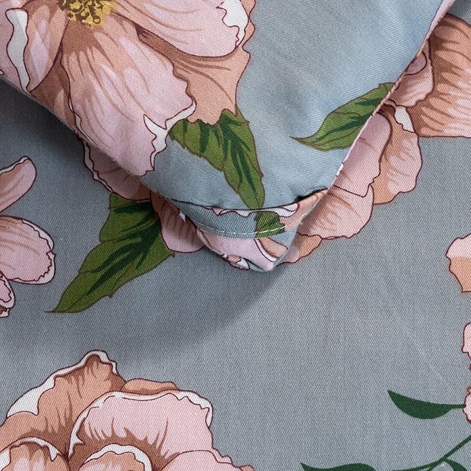 Cotton Comforter Queen Size Set – Blue Green Blush Floral Cotton Shell Bedding, Soft & Breathable, All-Season Down-Alternative Fill, Includes 1 Comforter & 2 Pillow Shams