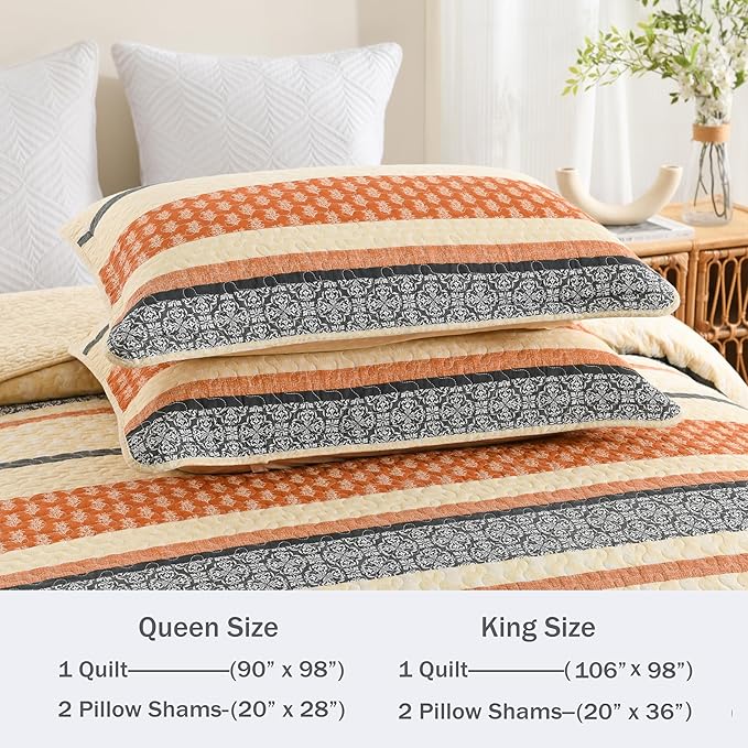 Homzard Quilt Bedding Set - Cotton Quilt Sets Queen Szie,Orange Grey Black Queen Size Bed, Farmhouse Lightweight Bedspread Set, 3 Piece All Season
