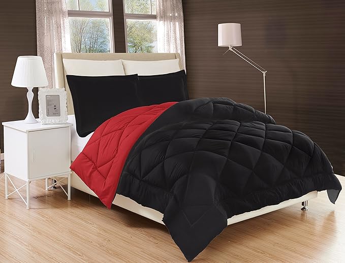 Elegant Comfort All Season Comforter and Year Round Medium Weight Super Soft Down Alternative Reversible 3-Piece Comforter Set, King, Black/Burgundy