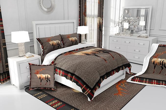 Erosebridal Elk Deer Comforter Set Twin,Hunting Deer Wild Animals Bedding Set for Teens,Western Farmhouse Orange Grey Down Comforter,Nature Antlers Moose Quilted Comforter Bedroom Decor Warm