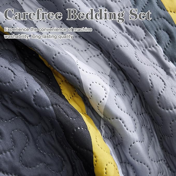 weesire Classic Line Pattern Bedding Quilt Queen Size Modern Grey Yellow and White Stripe Quilt with 2 Shams, Gray and Yellow Comforter Sets Lightweight Breathable Bedspreads Coverlet, 90''x96''