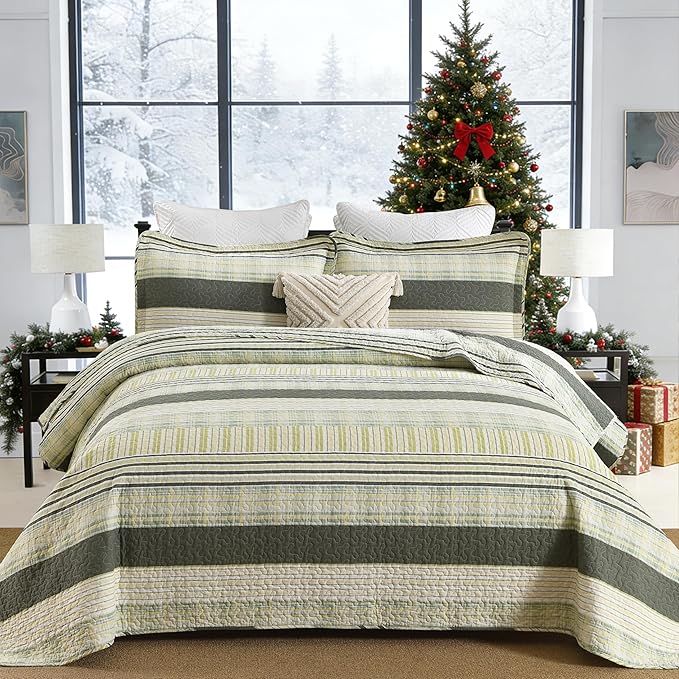 Homzard King Quilt - Cotton Comforter Set King Size, Green Yellow Striped Quilt Set,Olive Green Plaid Bedding Bedspread, Lightweight Farmhouse Comforter 3 Pieces All Season