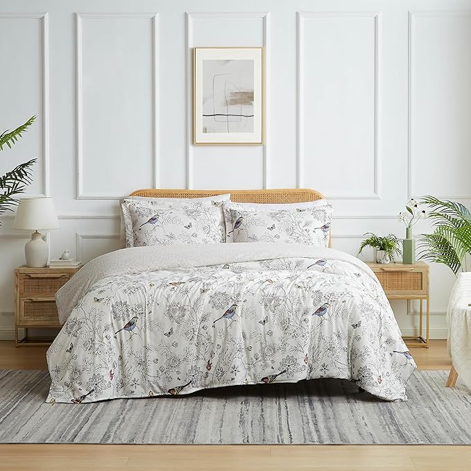 Southshore Fine Living, Inc. 3-Piece Cal King Comforter Set with 2 Pillowcases, Down Alternative Comforter Bedding, Soft Microfiber Fabric, California/King Size, Bayberry Bird and Floral Print