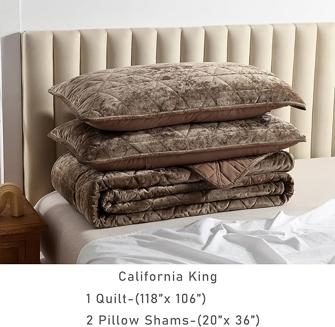 Homzard Velvet California King Size Comforter Set, Mocha Brown Quilt Bedding Set (118”*106”) with 2 Pillow Shams, Patchwork Bedspread Set, Lightweight Bedding Coverlet 3 Piece