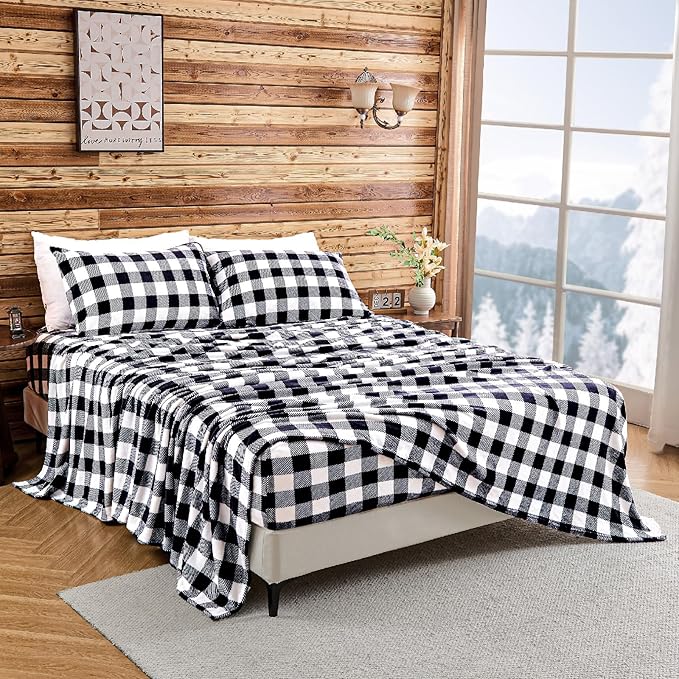 BEDELITE Flannel Sheets Queen Size Bed Set, Luxury Red and Black Plaid Winter Bedding Set, Super Soft & Warm Fuzzy Fleece Sheets 4 Piece(Include Fitted Sheet, Flat Sheet, 2 Pillowcases)